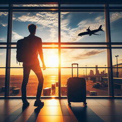 Wall Mural - man with backpack and suitcase waiting his flight in airport with sunset view