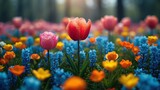 Fototapeta Kwiaty - Pola pełne kolorowych kwiatów z kroplami wody na nich