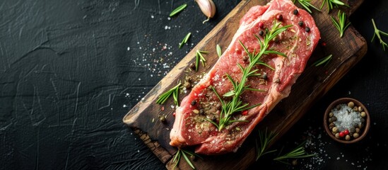 Top view fresh red steak meat raw on wooden board, rosemary leaf, spice grey background.Generated AI