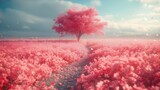Fototapeta Kwiaty - Różowe drzewo na polu kwiatów