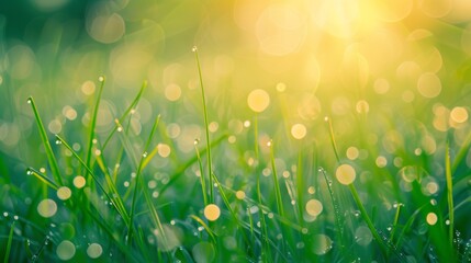 A close-up of dew-covered grass, with the early morning light creating a bokeh effect, text space