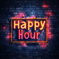 Wall Mural - Happy hour neon on brick wall background.