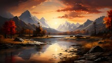 A Tranquil Lake Reflecting The Golden Hues Of A Setting Sun, Surrounded By Tall Mountains