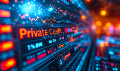 Dynamic business stock market display showcasing Private Credit in bright neon lights, reflecting financial data, investment trends, and private lending industry