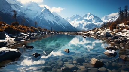 A tranquil turquoise lake nestled between towering snow-capped mountains