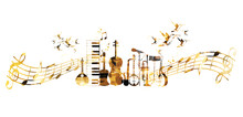 Goldenl Music Instruments Background With Hummingbirds. 	