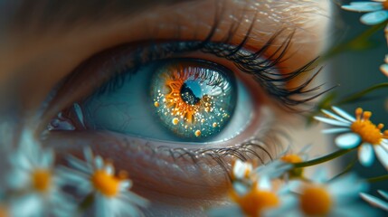 Poster - Close-Up of Persons Eye With Flowers daisy 