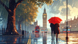 Fototapeta Londyn - 3d illustration, street view of london. Artwork. Big ben. man and woman under a red umbrella, bus and road. Tree. England