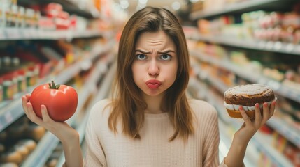 A puzzled girl in the store is faced with a choice of what to eat today: 