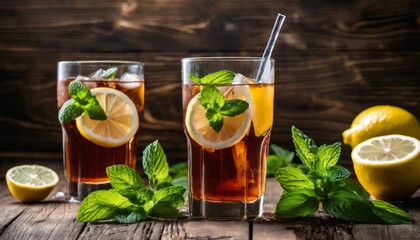 Wall Mural - Three glasses of iced tea with lemon and mint leaves