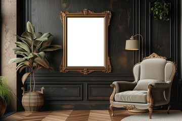 Wall Mural - blank picture frame mockup on wall with clipping path. wall art mockup concept