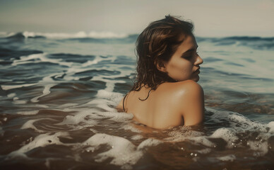 Portrait in dark key of sexy woman posing in sea.