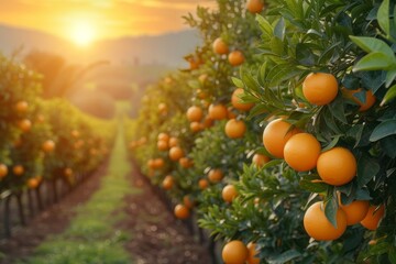 Wall Mural - A vibrant field of oranges illuminated by the setting sun, creating a warm and colorful scene.