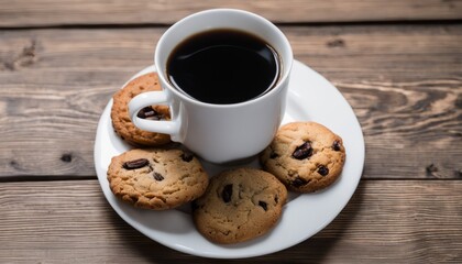 Canvas Print - A cup of coffee and a plate of cookies on a wooden table