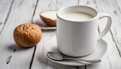 Wall Mural - A white cup of milk and a cookie on a table