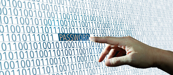 Wall Mural - hand on password. password with binary code. cyber security and password hacker concept.
