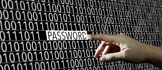 Wall Mural - hand on password. password with binary code. cyber security and password hacker concept.