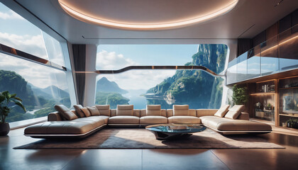 Wall Mural - Large living room in futuristic style, Futuristic furniture