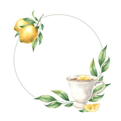 Watercolor round frame with ceramic mug, green lemon leaves and yellow lemon. Illustration is hand drawn, suitable for menu design, packaging, poster, website, textile, invitation, brochure.