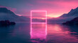 A pink neon rectangle is centered in the middle of a lake, reflecting off the water. The sky above is pink and purple, with clouds over a mountain range.