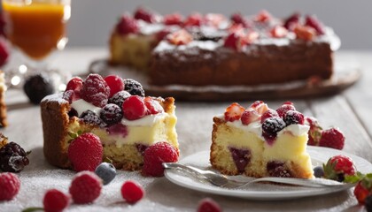 Canvas Print - A plate of cake with raspberries and blueberries on top