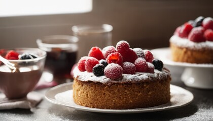 Canvas Print - A cake with fruit on top and a bowl of fruit