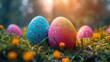 Wielkanoc. Grupa kolorowych jajek leżących na szczycie bujnego, zielonego pola