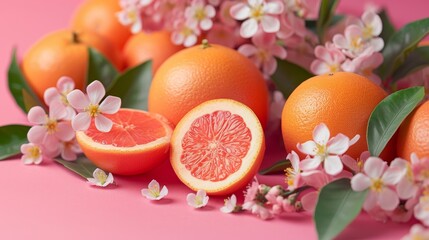 Canvas Print - Fresh Citrus Fruits and Pink Flowers banner