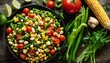 A bowl of mixed vegetables, including corn, tomatoes, green beans, and peas