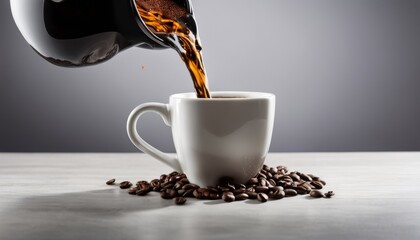 Wall Mural - A cup of coffee being poured with coffee beans underneath