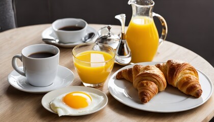 Wall Mural - A table with a plate of food, a cup of coffee, a glass of orange juice, and a pitcher of orange juice