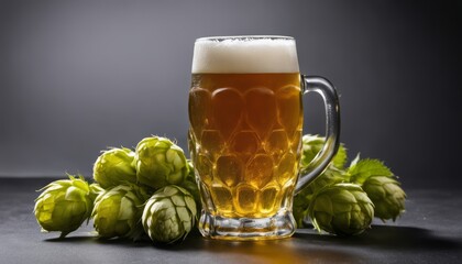 Canvas Print - A glass of beer with foam on top and some green vegetables on the side