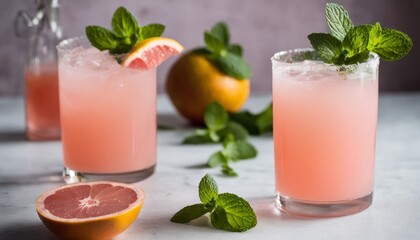 Wall Mural - Three glasses of pink drinks with mint leaves