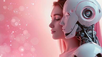 Wall Mural - a side view of a robot and girl. Robot head conceptual design closeup portrait beauty Industrial technology concept. Cyber punk girl concept, woman posing whit robot. Artificial intelligence in virtua