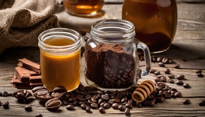 Canvas Print - A wooden table with jars of coffee, coffee beans, and a spoon