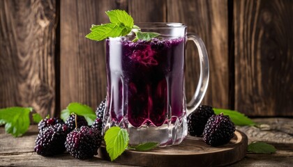 Wall Mural - A glass of blackberry juice with a sprig of mint