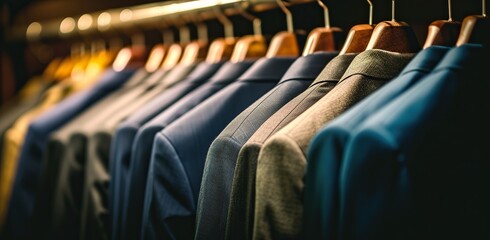 Row of men's jackets on hangers. The concept of men's fashion and wardrobe.