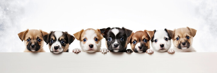 A cute puppies peeking out from behind a white board. Dogs with a defocused background. Promotional banner for animal shelter, pet shop or vet clinic.