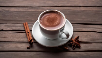 Poster - A cup of hot chocolate with cinnamon and star anise on a wooden table