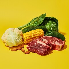 Wall Mural - A balanced composition of fresh produce and meat with corn on the cob, cabbage and steak on a bright yellow background. A balanced composition of fresh produce and meat with corn on the cob