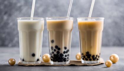 Poster - Three glasses of milk and yogurt with bubbles in them