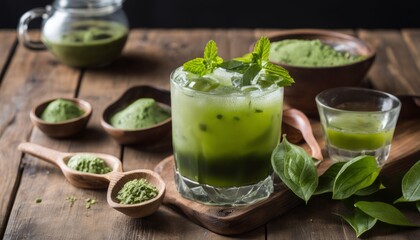 Canvas Print - A glass of green drink with mint leaves and a spoon of green powder