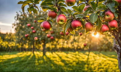 Poster - Ripe apple tree in foreground, soft-focus garden