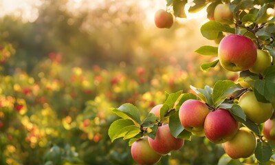 Poster - Ripe apple tree in foreground, soft-focus garden