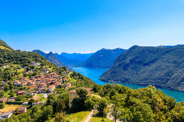 Wall Mural - Scenic view of lake Lugano from Monte Bre mountain in Ticino canton, Switzerland