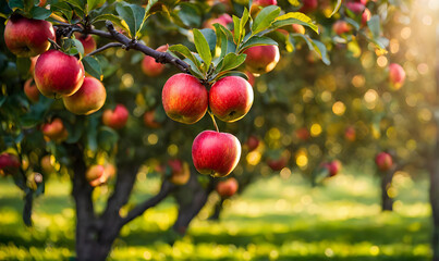 Poster - Ripe apple tree in foreground, soft-focus garden