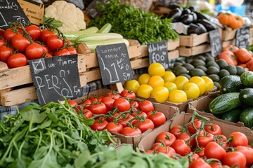 Canvas Print - A diverse selection of vibrant vegetables is showcased at the bustling market, inviting customers to explore the bountiful array of produce available.