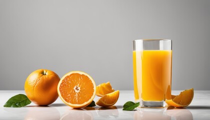 Canvas Print - A glass of orange juice with an orange cut in half on a table