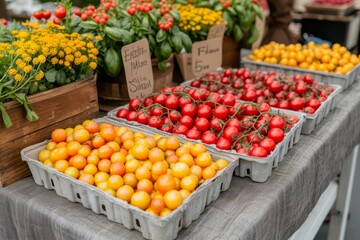 Poster - Multiple trays containing tomatoes and various vegetables arranged on a table.