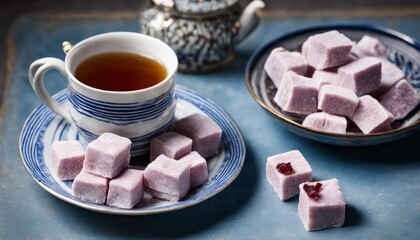 Sticker - A cup of tea and a bowl of candy on a table